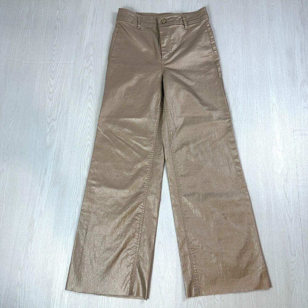 OAT New York Womens Metallic Gold Coated High Rise Wide Leg Raw Hem Pants 4/27